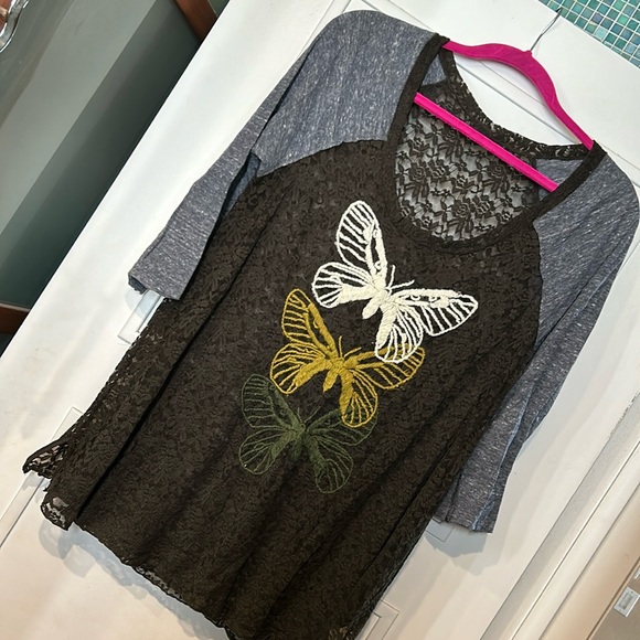 We The Free Embroidered Butterfly on Lace T-Shirt Top-Large - Picture 1 of 9